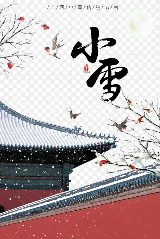 冬天小雪鸟树枝雪花围墙屋檐
