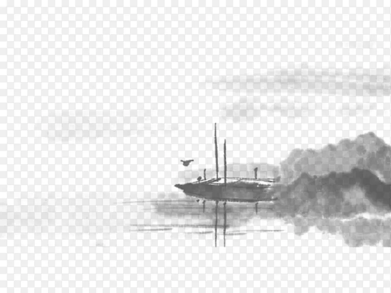 水墨船只山水