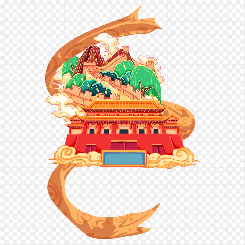国潮风楼房长城飘带云组合文件分层