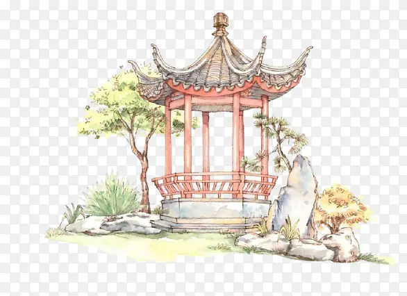 中国风国画园林小景亭台楼阁元素