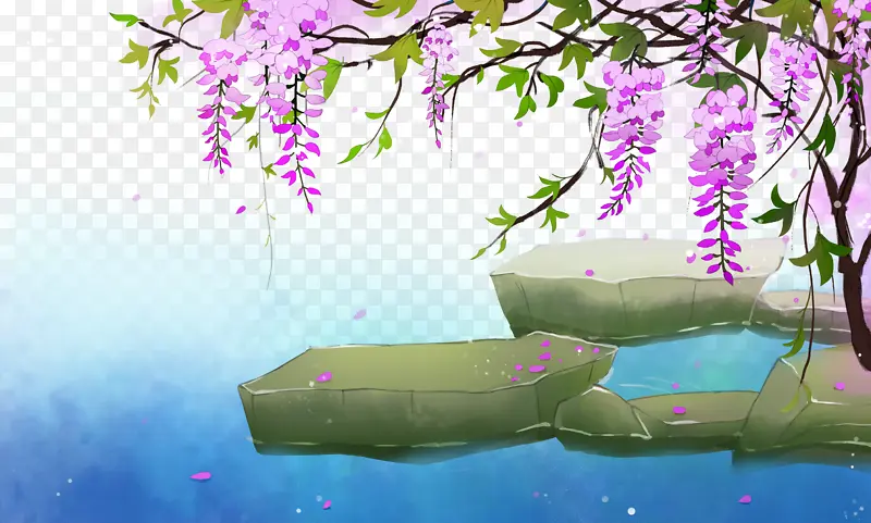 春天手绘花朵水面石头