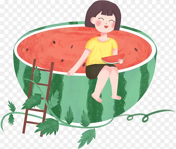 手绘卡通吃西瓜女孩夏天