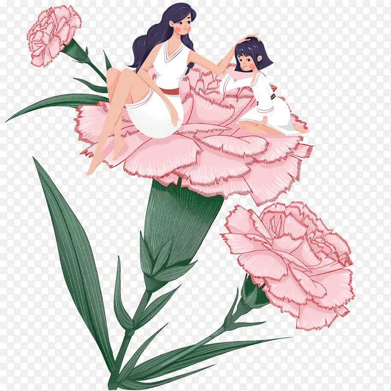 母亲节粉色花亲子母女插画手绘
