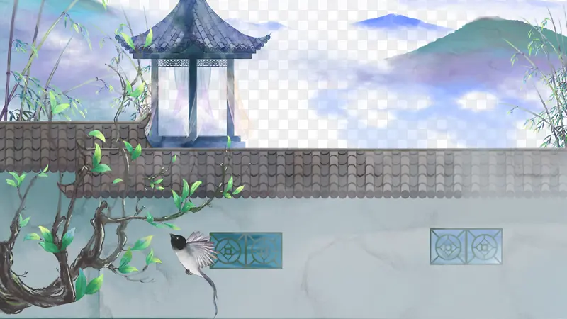 手绘古风庭院亭台背景图元素
