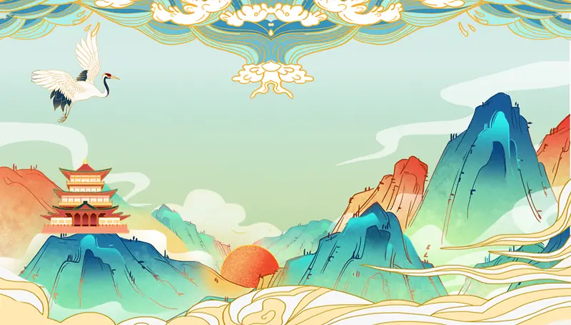 古风国潮仙鹤山水背景