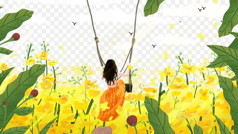 五月你好手绘人物花朵叶子秋千