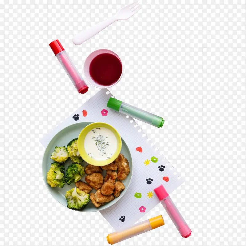 彩笔和一盘食物