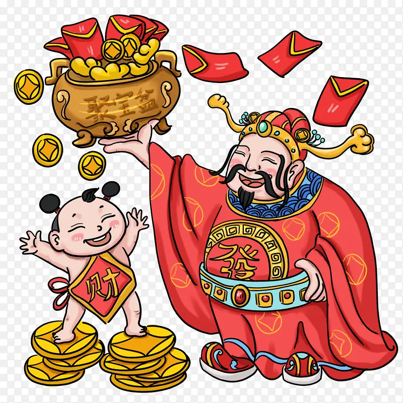 国潮财神手绘卡通设计元素
