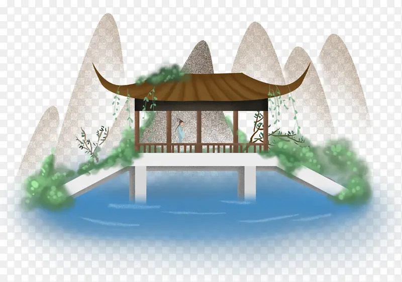 中国风简约插画凉亭山水