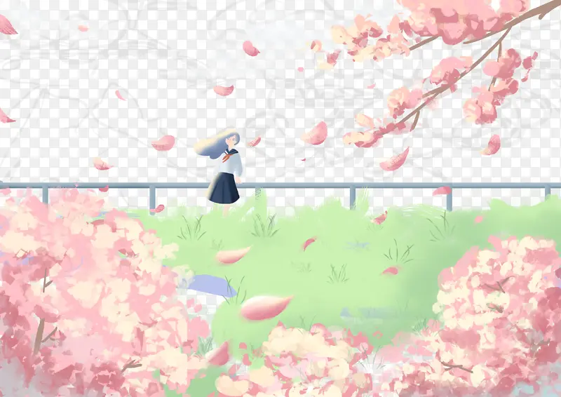 樱花小女孩栏杆野地.