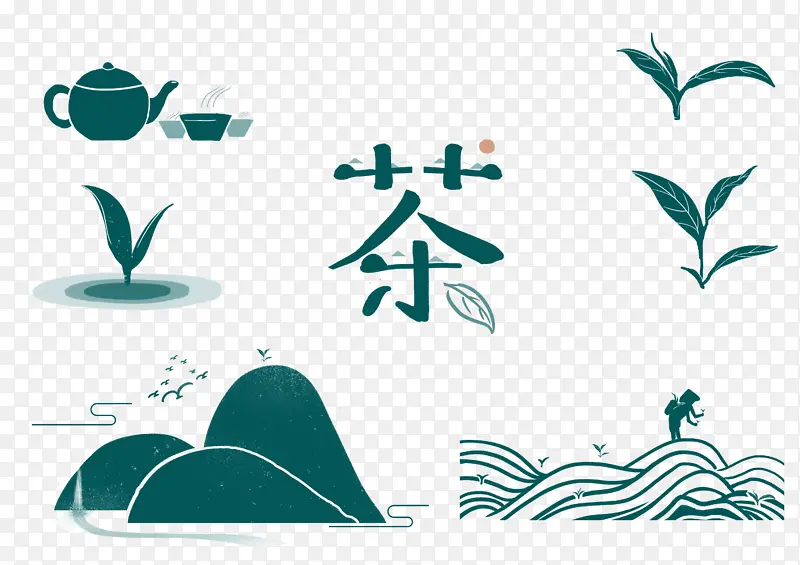 中国风茶元素剪影国潮