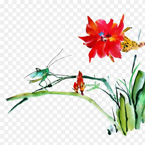 中国风水墨花草蜻蜓元素