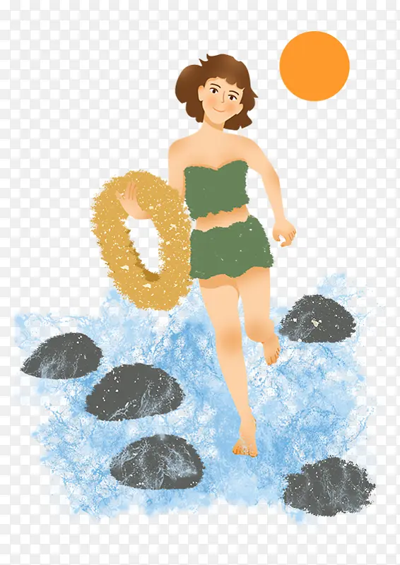 手绘，夏日海滩，旅游戏水，女孩插画