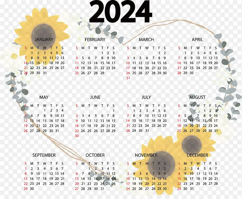 日历-2024年度可打印日历花模板