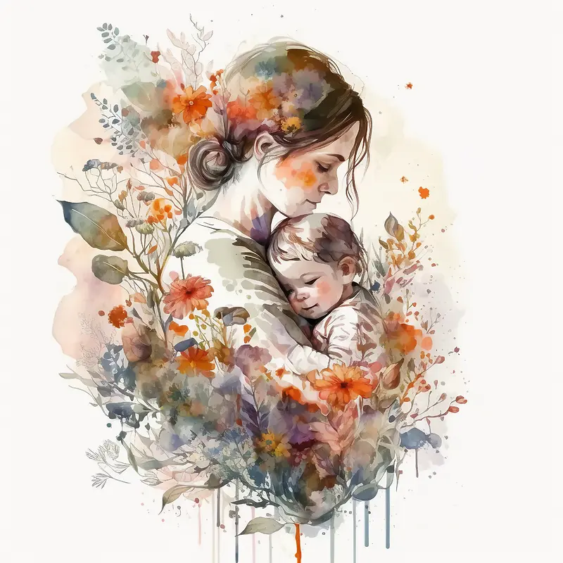 水彩画-水彩画年轻女子儿童花
