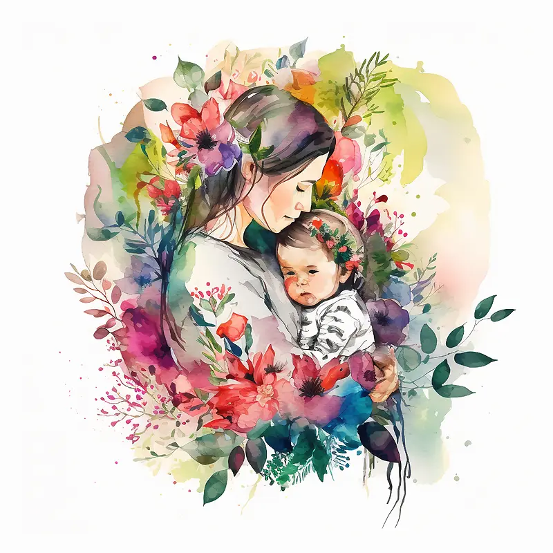 水彩画-水彩画年轻女子儿童花