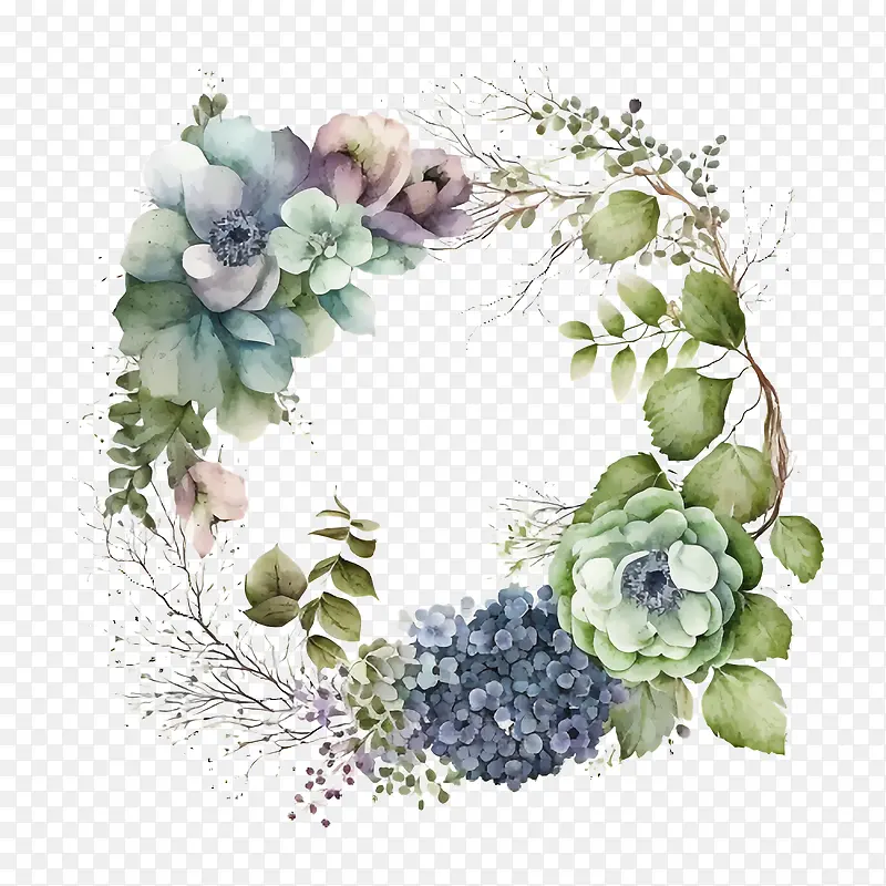 水彩绣球花-水彩绣球花蓝色绣球花绣球花环