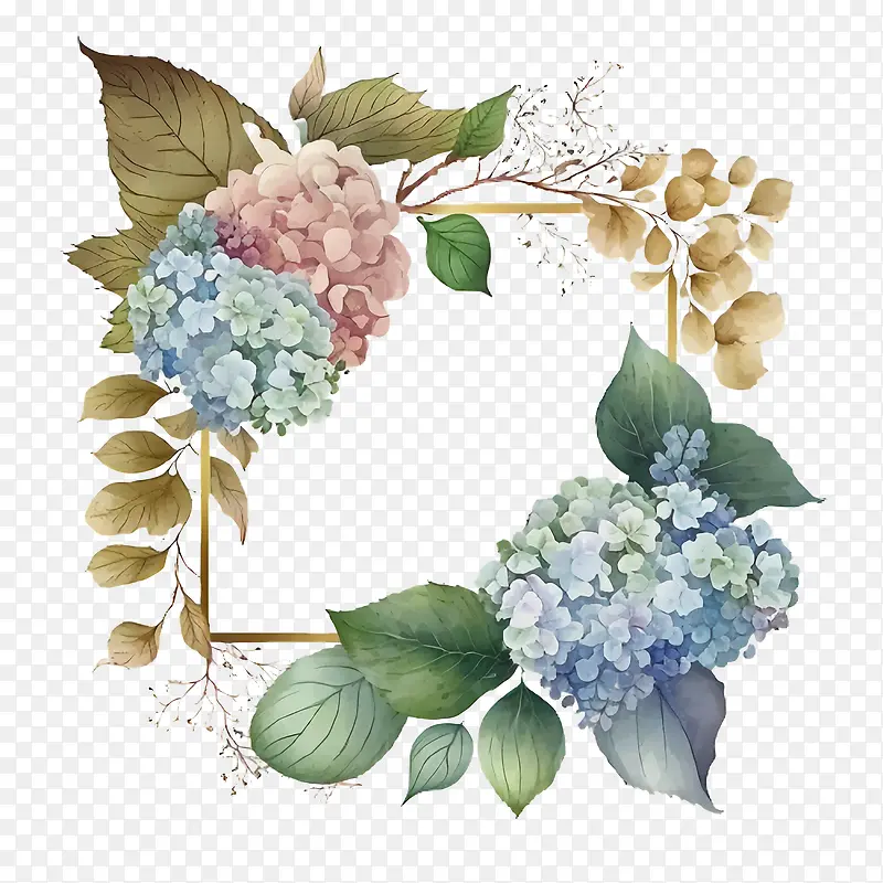 水彩绣球花-水彩绣球花蓝色绣球花绣球花环