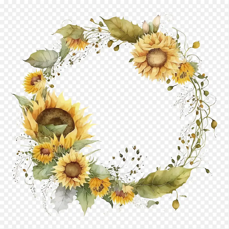 水彩向日葵花环-水彩向日葵花环向日葵花环金色圆形