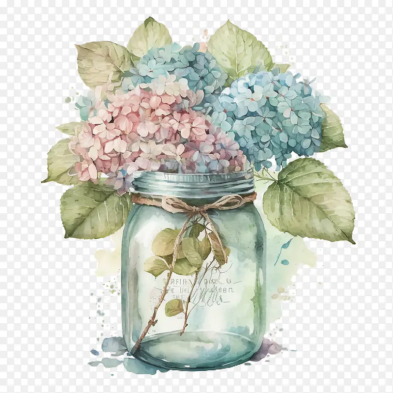 水彩绣球花-水彩绣球花玻璃罐