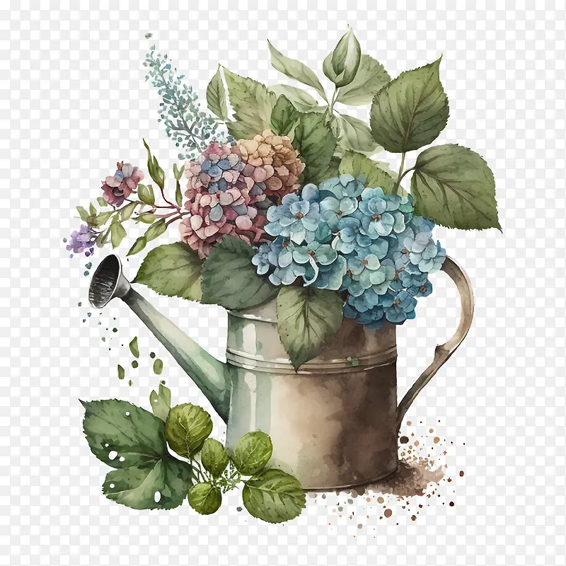 水彩绣球花-水彩绣球花绿桉树叶喷壶