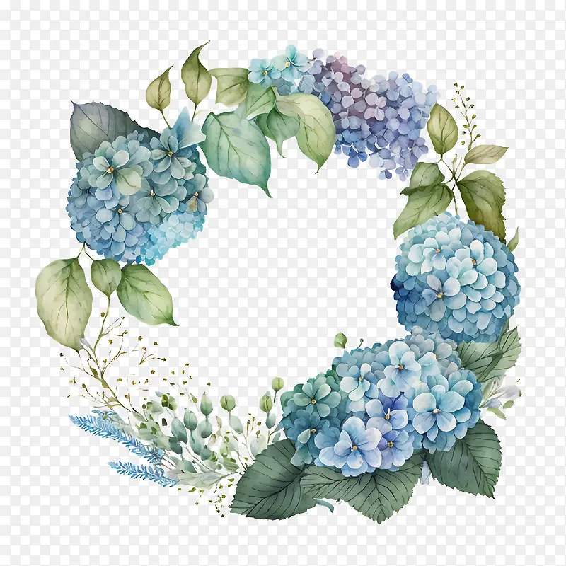 水彩绣球花-水彩绣球花蓝色绣球花绣球花环