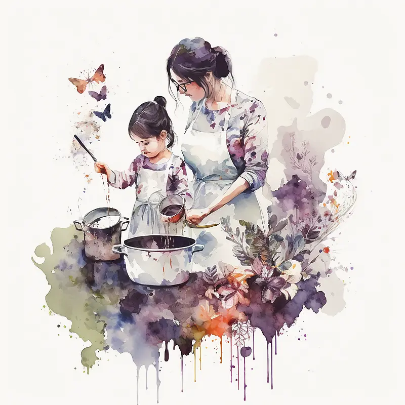 水彩画-水彩抽象母亲女儿做饭