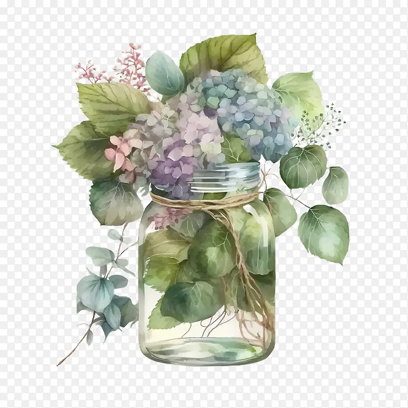 水彩绣球花-水彩绣球花绿桉树叶