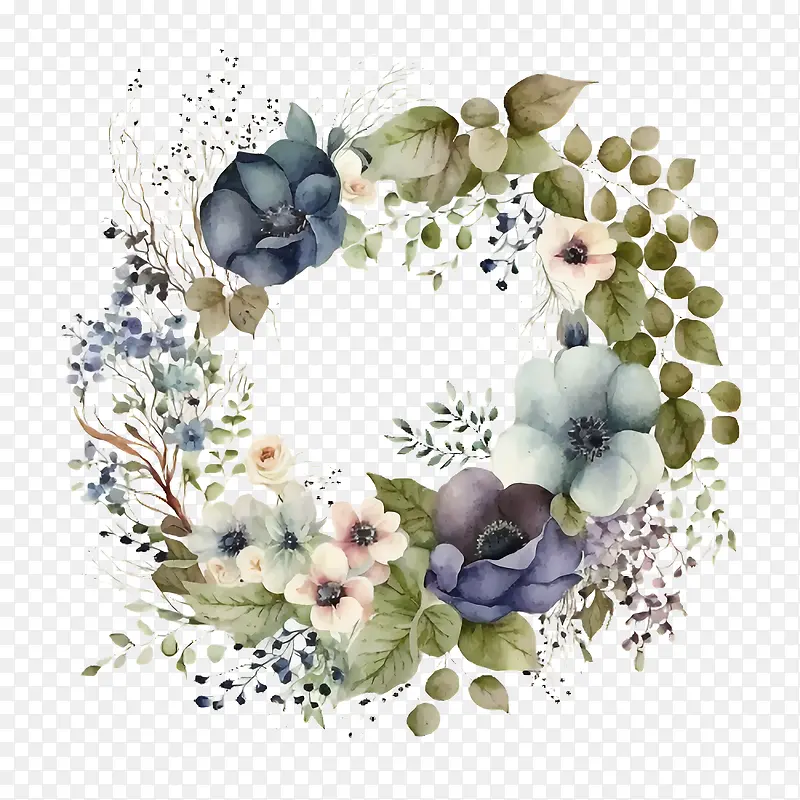 水彩绣球花-水彩绣球花蓝色绣球花绣球花环