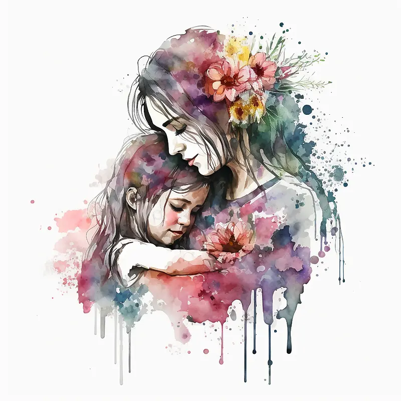 水彩画-水彩抽象女孩妈妈的爱