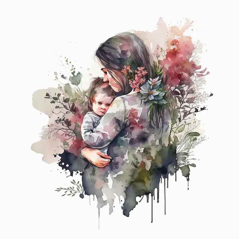 水彩画-水彩画年轻女子儿童花
