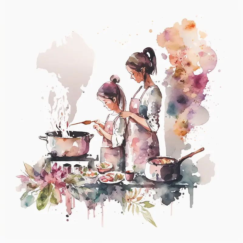 水彩画-水彩抽象母亲女儿做饭