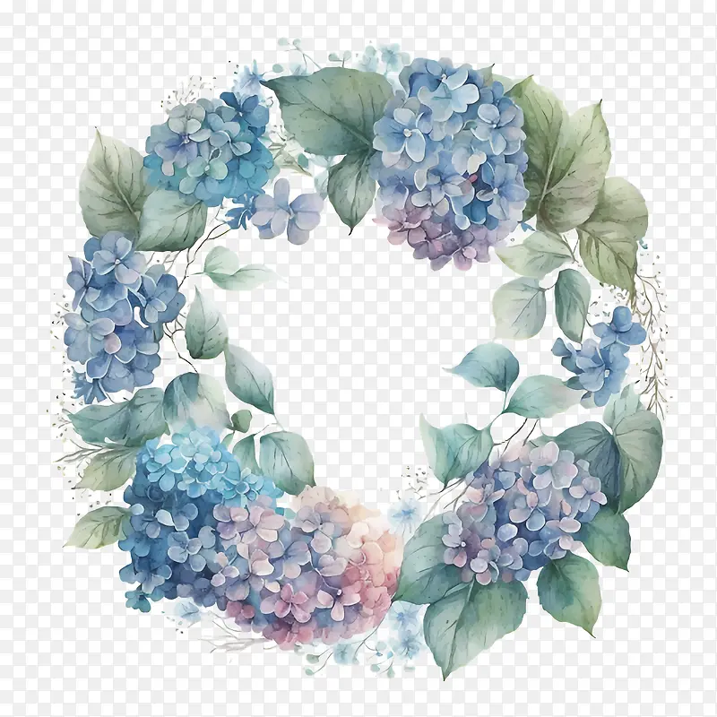 水彩绣球花-水彩绣球花蓝色绣球花绣球花环