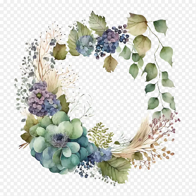 水彩绣球花-水彩绣球花蓝色绣球花绣球花环