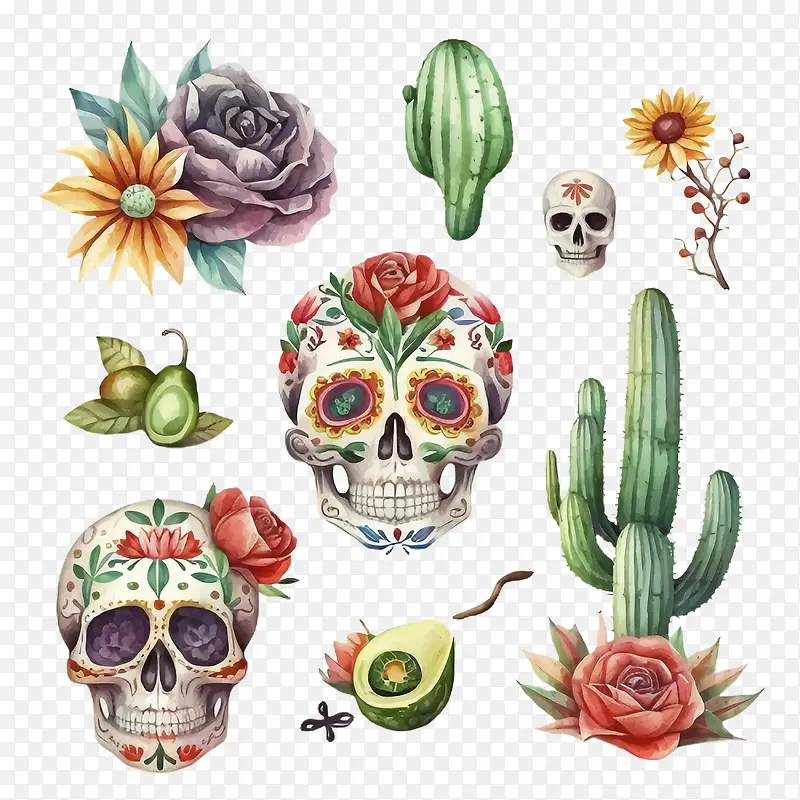 cincodeMayo-cincodeMayo水彩头骨复古头骨墨西哥糖头骨