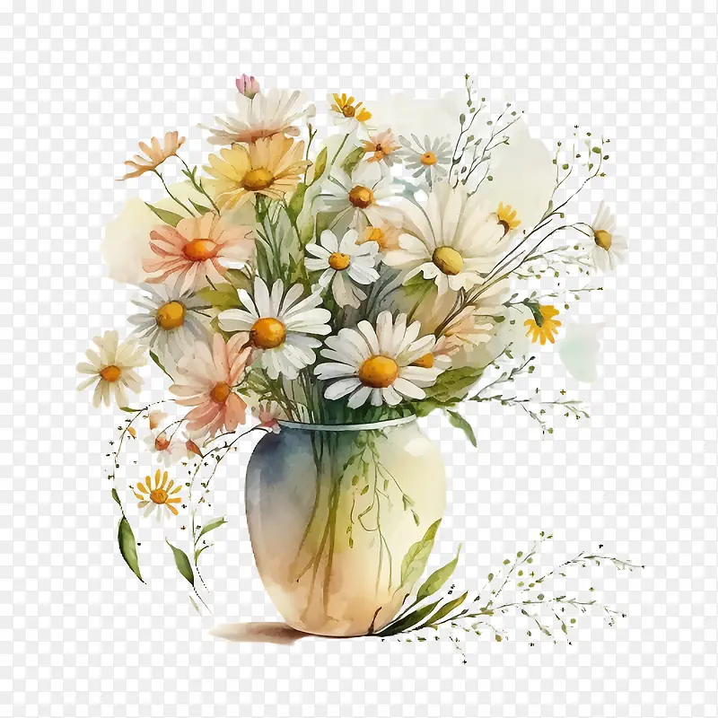 水彩雏菊-花瓶