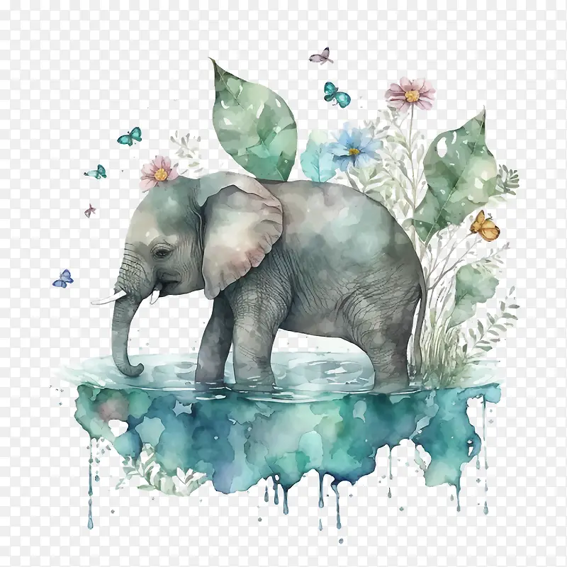 泼水节-泼水节水彩画大象大象喷水