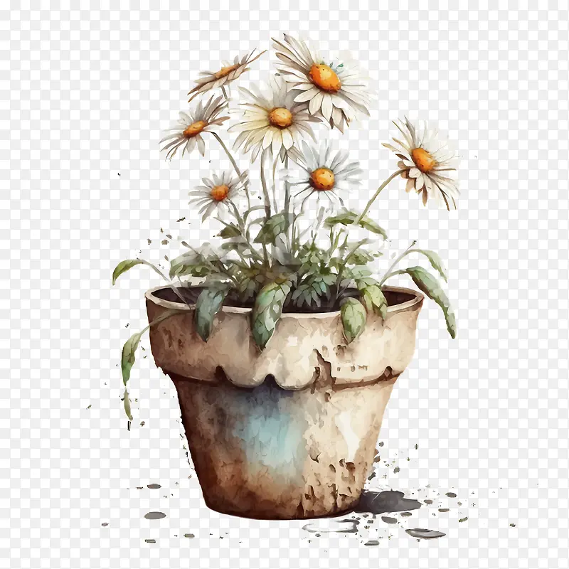 水彩雏菊-花盆