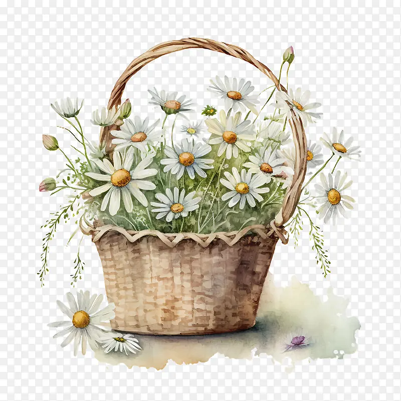 水彩雏菊-水彩雏菊篮子里的雏菊