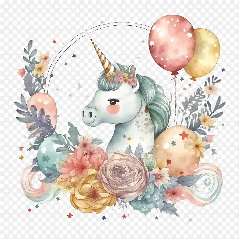 水彩独角兽-水彩花