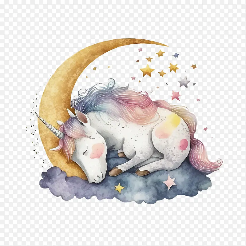 水彩独角兽-水彩独角兽睡觉独角兽月亮