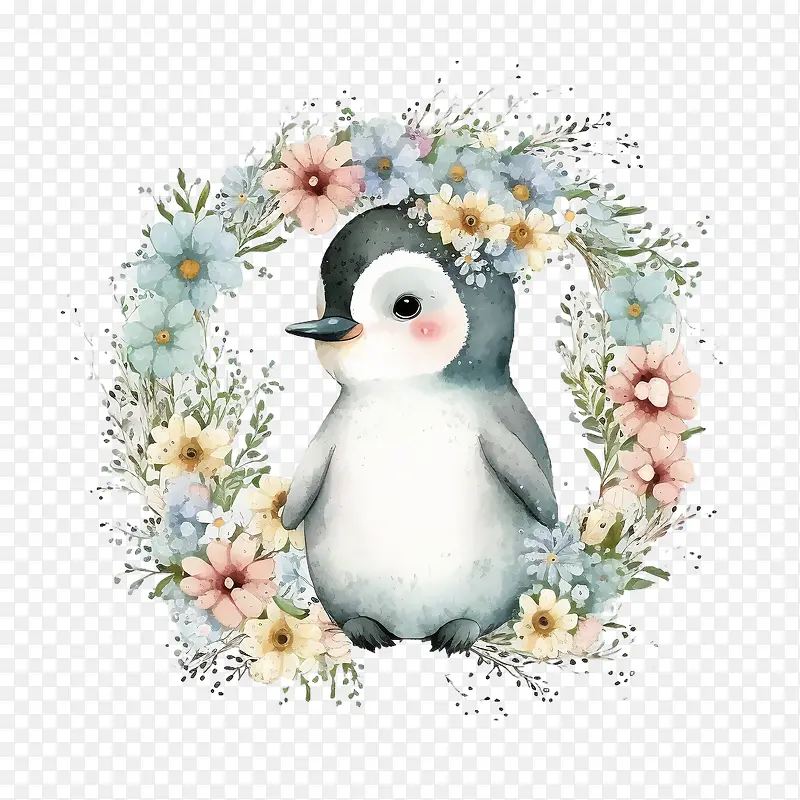 可爱的企鹅-可爱的企鹅小企鹅水彩花花环