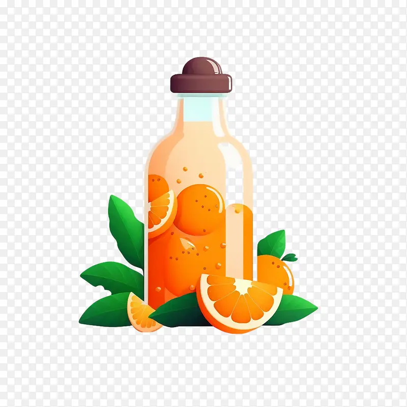 橙汁-橙汁玻璃瓶中的橙汁扁平橙汁卡通橙汁