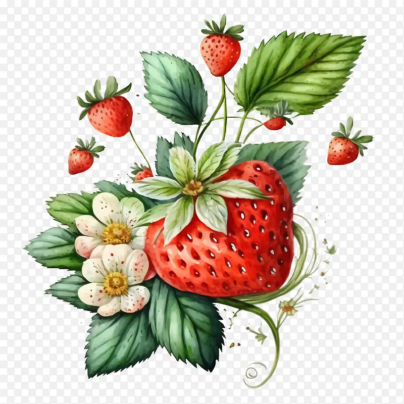 水彩草莓-水彩草莓手绘草莓草莓有叶和花