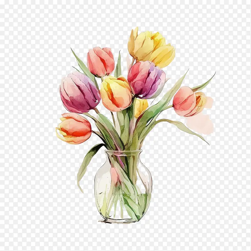 水彩郁金香-水彩郁金香郁金香花郁金香花束郁金香插在花瓶里