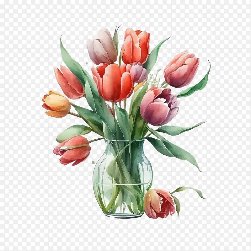 水彩郁金香-水彩郁金香郁金香花郁金香花束郁金香插在花瓶里