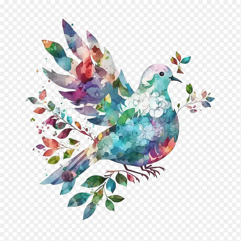 水彩鸽子-水彩鸽子和平鸽鸽子在花丛中