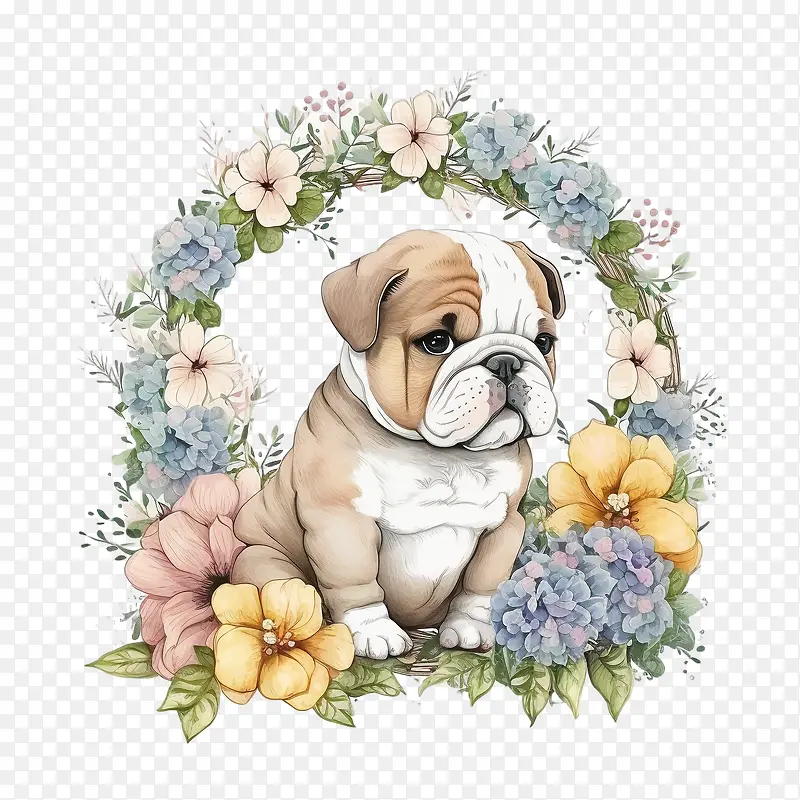 可爱的斗牛犬-可爱的斗牛犬卡通斗牛犬小斗牛犬带花环的斗牛犬