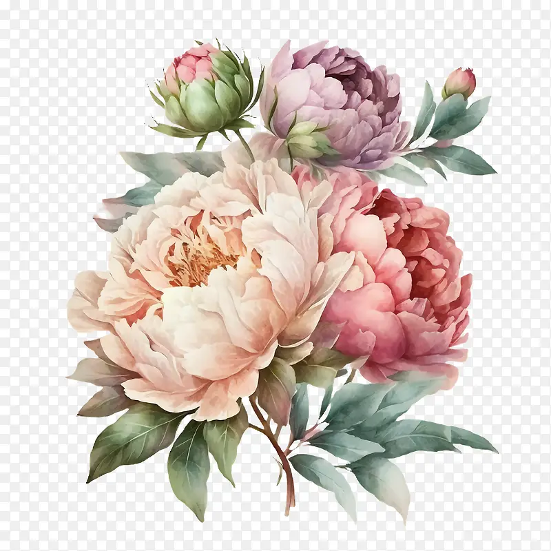 手绘牡丹-手绘牡丹水彩牡丹牡丹花束