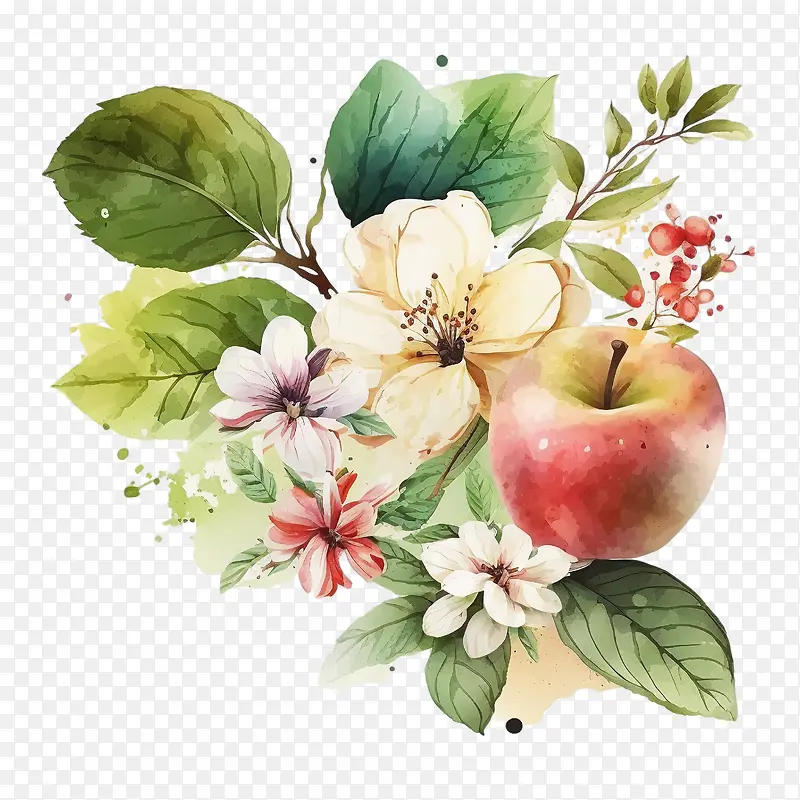 手绘苹果-手绘苹果水彩苹果苹果花叶子